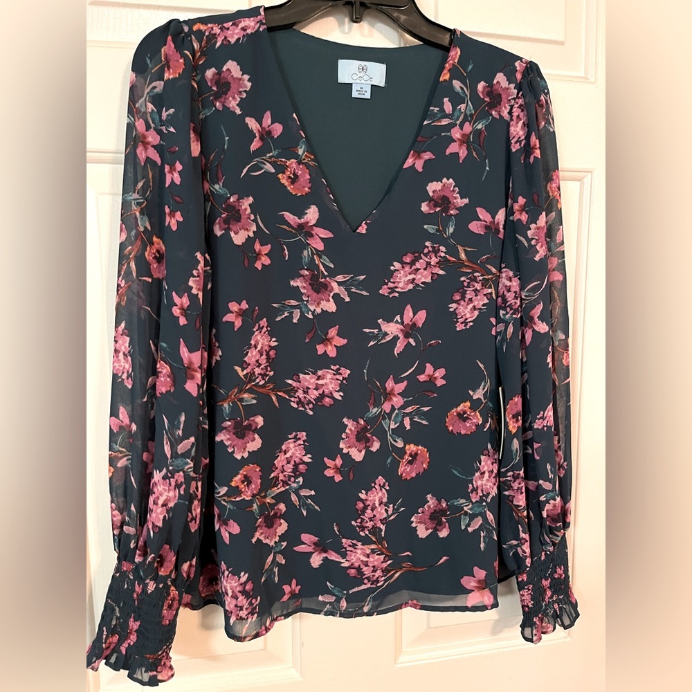 CeCe Teal Floral V-Neck Blouse